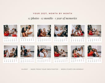 May include: A 2027 wall calendar featuring twelve individual photo squares, each displaying a different family scene and a monthly grid. The text reads: YOUR 2027, MONTH BY MONTH, 12 photos, 12 months, 1 year of memories, GLOSSY, MADE FROM YOUR OWN PHOTOS, WEEK STARTS ON MONDAY.