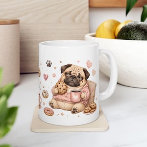 Cozy Pug Watercolor Mug, Dog Lover Coffee Cup, Cookie Paw Print Design (11oz 15oz)