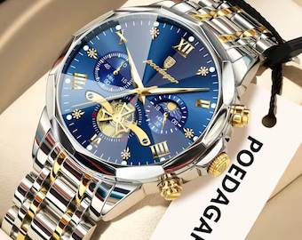 Luxury Mens Watch Stainless Steel Chronograph Quartz Watch Waterproof Luminous Wristwatch Gift for Him