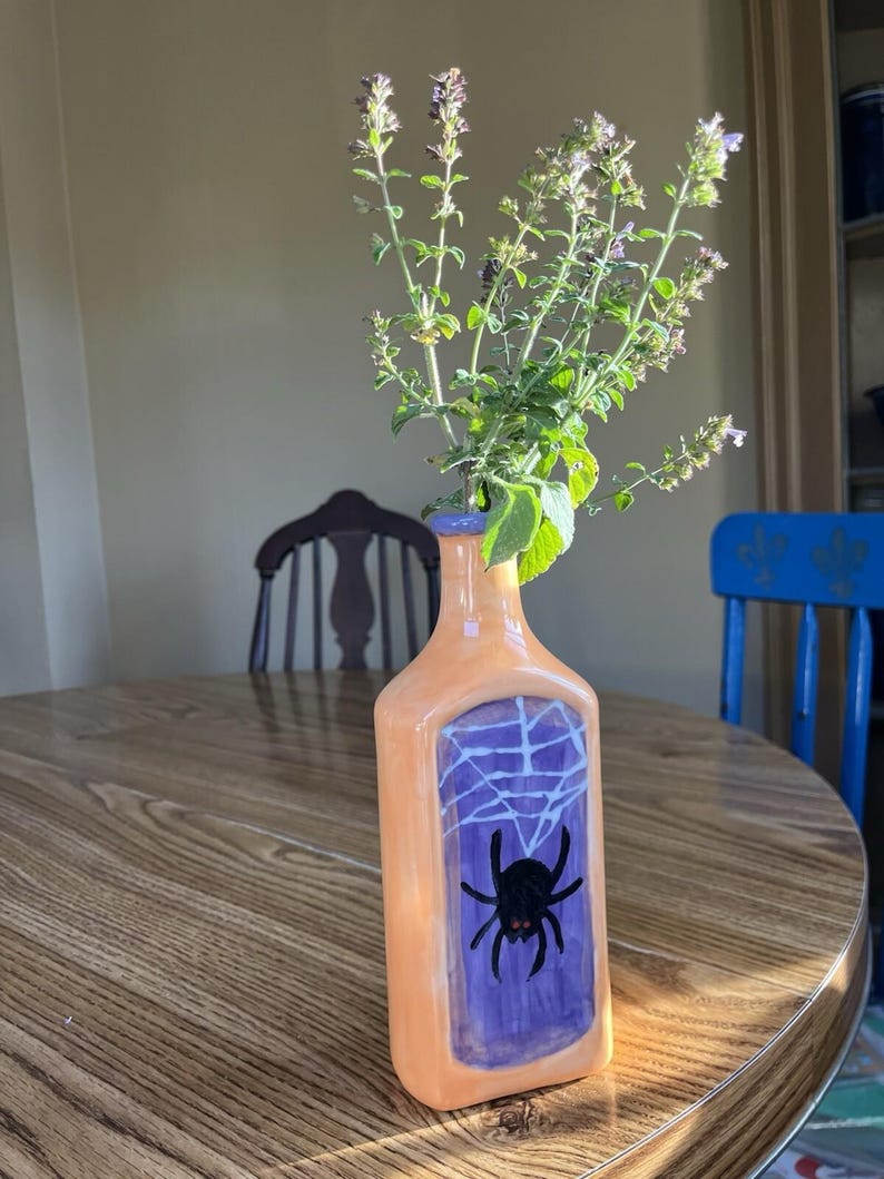 Handmade Signed Ceramic Halloween Vase Y2K Vintage Spider Web Orange ...