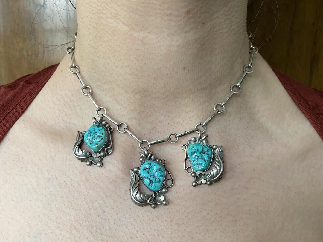 Vintage Navajo Signed LS Sterling Silver Turquoise Choker Handmade