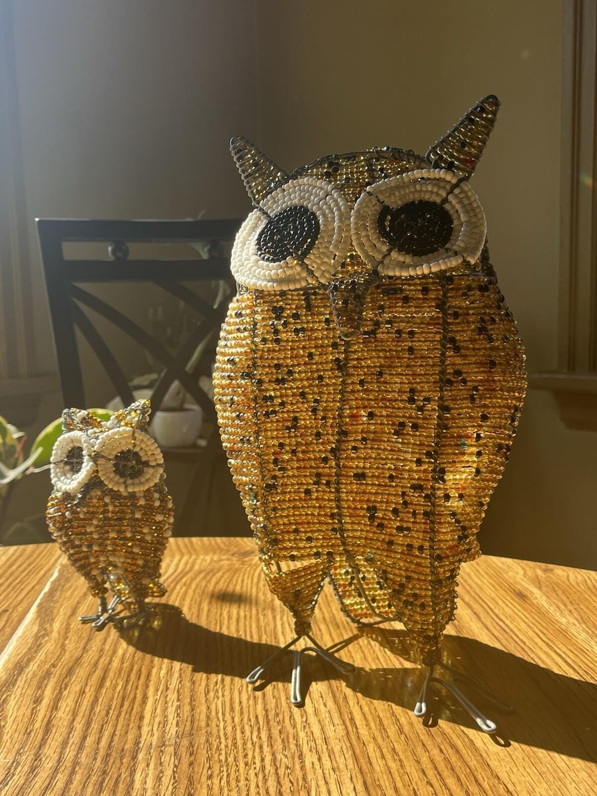 South African Beaded Owl Sculpture Wire Figurine Set of 2 ~ 5&rdquo; & 11&rdquo; Handcrafted