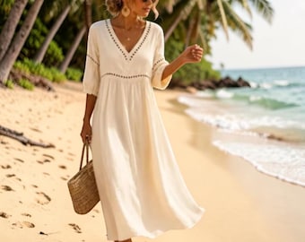 Boho V-Neck Midi Dress for Women, Loose Fit A-Line Tunic Dress, Hollow Out Beach Cover Up, Casual Summer Vacation Dress