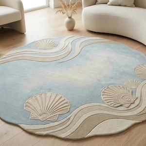 Hand Tufted Rug, Coastal Round Area Rug, Seashell Ocean Wave Decor