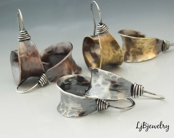 Hoop Earrings, Silver Earrings, Red Brass Earrings, Copper Earrings, Dangle Earrings, Mixed Metal Earrings, Metalsmith, Organic Style