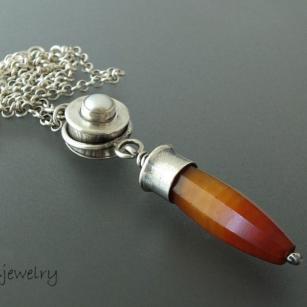 Silver Necklace, Statement Necklace, Agate Bead, Sterling Silver, Hollow Form, Pearl, Metalsmith, June Birthstone
