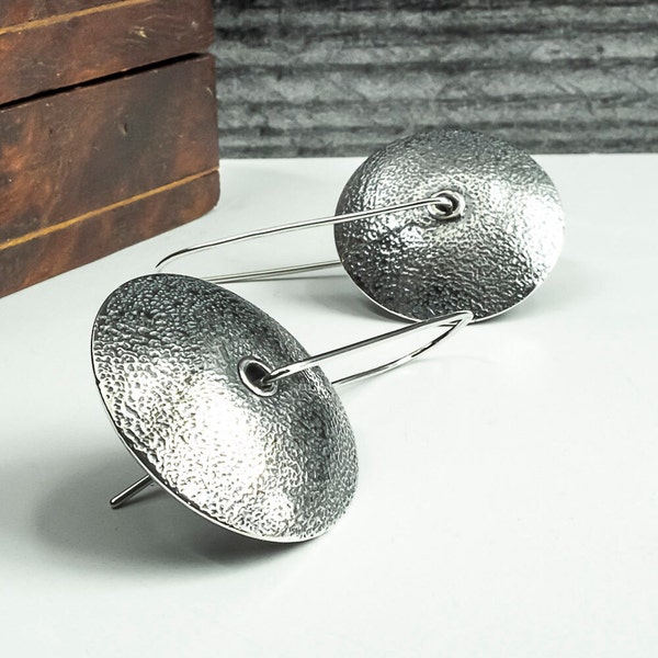 Textured Sterling Silver Disc Dangle Earrings: Artisan Crafted