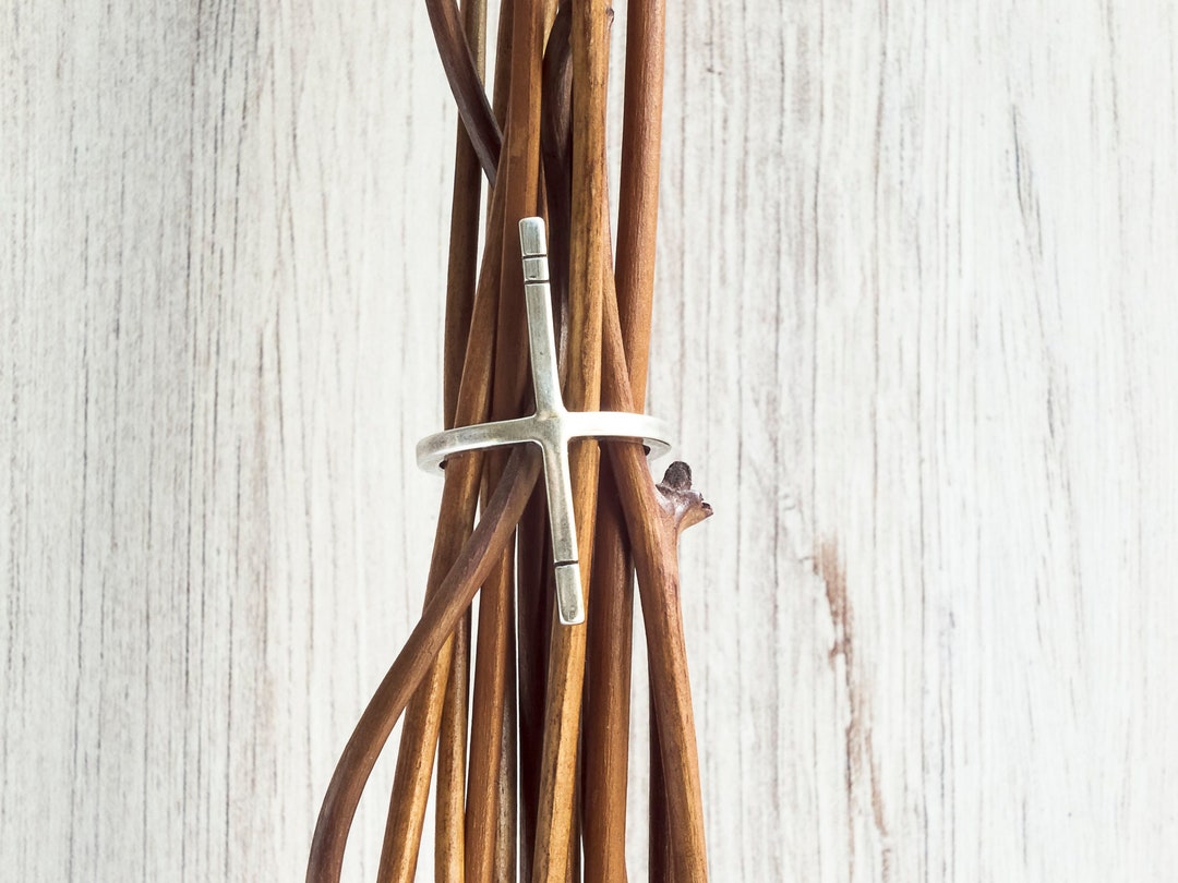 Silver Cross Bar Ring, Delicate Cross Bar Ring Band, Sterling Silver Minimalistic Ring for Men