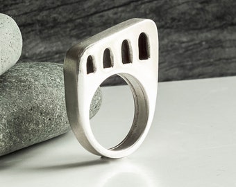 Sterling Silver Hollow Form Ring: Handmade Modern Architectural 