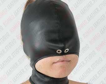 Handcrafted Custom Leather Open Mouth Mask Made to Measure Costume Luxury Artisanal Balaclava Hood Avant Garde Festival Headwear