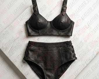 Conjunto de lencería de cuero para mujer hecho a mano, top y shorts de talle alto, conjunto de dos piezas tipo bralette para festivales, ropa de cosplay de primera calidad.