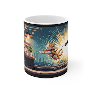 Puede incluir: Una taza de cerámica blanca con una colorida ilustración de un gato atigrado naranja y blanco con una bufanda roja, saltando por el aire en medio de un estallido de luz amarilla, sobre un fondo de cocina con mostrador y lámpara.
