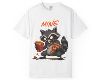 Raccoon Holding Pizza 'MINE' T-Shirt | Funny Cartoon Pizza Tee