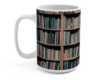 Into a Book Quote Mug | Library Bookshelf Silhouette Reading 15oz