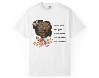 Into a Book silhouette bookshelf graphic T-Shirt | Reading quote tee