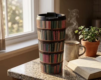 Bookworm Library Stack Travel Mug | Bookish Bookshelf Tumbler | Reader Gift | Literary Coffee Cup