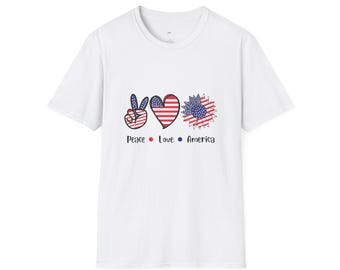 Patriotic Peace Love America T-Shirt | USA Flag Heart, Peace Sign, Sunflower