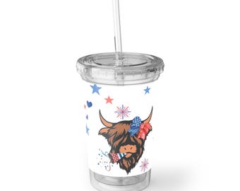 Patriotic Highland Cow Acrylic Cup | Stars and Fireworks Drink Tumbler