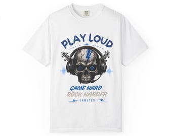 Play Loud Skull Headphones T-Shirt | Game Hard Rock Graphic Tee