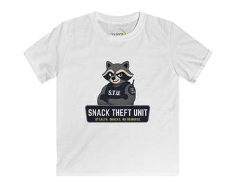 Kids Raccoon Snack Theft Unit Tee | Playful Badge Design Shirt