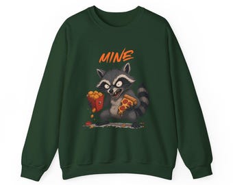 Raccoon Holding Pizza Crewneck Sweatshirt | Mischievous Snack Thief Graphic Tee