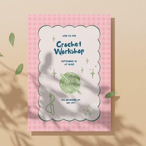 Crochet Workshop Invitation Template | Cute Pink Crochet Class | Craft Workshop Canva Template | Knitting & Crochet Event Invite