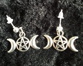 Earrings, Goth, Halloween, Pagan, Wicca, pentacle, moons