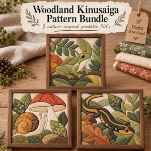 May include: Three framed Kinusaiga fabric art pieces featuring nature designs. One shows a green frog, one a snail with a mushroom, and one a salamander. The text reads Woodland Kinusaiga Pattern Bundle, 3 nature-inspired printable PDFs.