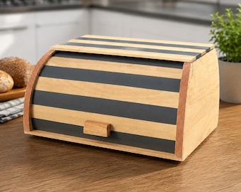 Holzbrotkasten, 15 x 10,6 Zoll graue Streifen Roll Top Küchen Aufbewahrungsbox