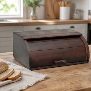 Boîte à pain en bois marron foncé, 15 x 10,2 po. Boîte de rangement à dessus enroulable