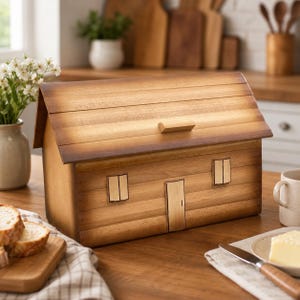 Könnte beinhalten: Ein hölzerner Brotkasten in Form einer kleinen Hütte mit schrägem Dach, einer zentralen Tür und zwei Fenstern an der Vorderseite. Die Struktur besteht aus horizontalen Holzmaserungsplatten mit einem hellbraunen Finish und dunkleren Kanten.