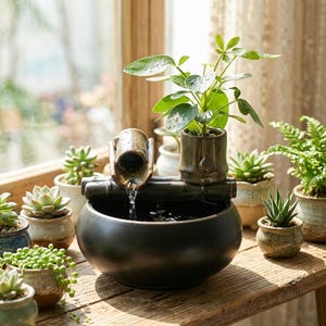 Peut inclure: Une fontaine à eau en céramique foncée avec un bec verseur style bambou et un pot intégré contenant une plante verte. La fontaine repose dans un bassin noir rond, avec de l'eau s'écoulant du bec dans le bol, entourée de diverses petites succulentes.