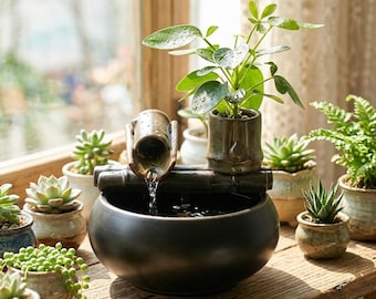 Ceramic Zen Tabletop Fountain with Live Plant Pot - Indoor Waterfall Decor for Office and Yoga Room - Relaxing Stone Look Water Feature