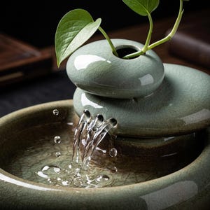 以下が含まれることがあります： ひび割れた釉薬仕上げの積み重ねられた石のデザインが特徴の、セラドンカラーのセラミック製水噴水。一番上の石には緑の植物が入る小さな開口部があり、上段から下の円形の水受けへと水が流れ落ちる構造になっています。