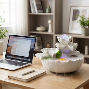 Zen vit keramisk bordsvattenfontän med dimma (Feng Shui-dekor)