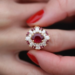 5.50 Ct Oval Cut Natural Ruby &  Diamond Engagement Ring, 14K Yellow Gold Ring , Luxury Fine Jewelry