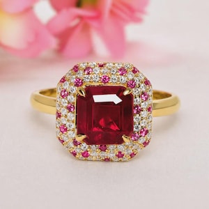 8.50  Ct Emerald Cut Natural Ruby Pink Sapphire & Diamond Engagement Ring | Soli14K Yellow Gold | Sapphire Bridal Ring | Luxury Fine Jewelry