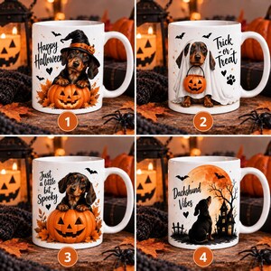 May include: A set of four white ceramic mugs featuring Halloween-themed dachshund illustrations. Each mug displays a unique design with pumpkins, bats, and text including Happy Halloween, Trick or Treat, Just a little bit Spooky, and Dachshund Vibes.