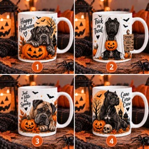 May include: Four white ceramic mugs featuring Cane Corso dogs in Halloween themes. Designs include a dog with a pumpkin, a dog in a ghost costume, a dog with autumn leaves, and a dog with a skull. Each mug displays text like Happy Halloween.