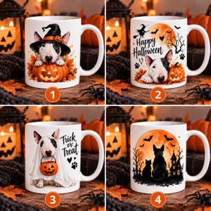 May include: A white ceramic mug featuring four distinct Halloween designs with Bull Terrier dogs, pumpkins, a witch, bats, and the text Happy Halloween and Trick or Treat. The mugs display festive autumn imagery including orange moons and fall leaves.