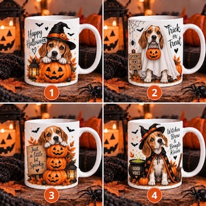 May include: A set of four white ceramic mugs featuring beagle dogs in Halloween costumes. Designs include a beagle in a witch hat with a pumpkin, a beagle in a ghost costume, a beagle with stacked pumpkins, and a beagle in a cape with a cauldron.