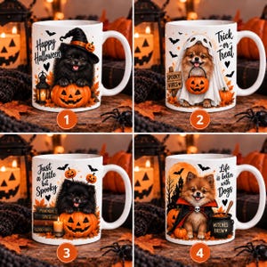 May include: Four white ceramic mugs featuring Halloween-themed illustrations of Pomeranian dogs. Each mug displays a unique design with pumpkins, bats, and text including Happy Halloween, Trick or Treat, Just a little bit Spooky, and Life is better with Dogs.