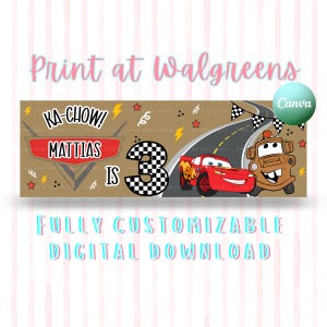 May include: A rectangular banner design featuring a tan background with a road, a red race car, and a brown tow truck. The text reads KA-CHOW! MATTIAS IS 3. The number 3 is in a black and white checkered pattern. Includes lightning bolts and stars.