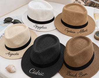 Sombrero de capitán personalizado para hombre - Fedora de paja bordado a medida, sombrero de sol para padrinos de boda, yate, despedida de soltero, playa, boda, regalo
