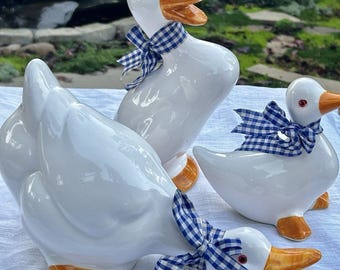 Vintage 1980s Ceramic Duck Goose Family Set of 3  Gingham Bows  Red Glass Eyes