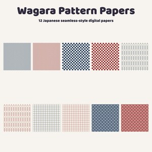 May include: A collection of 12 digital papers featuring Wagara patterns. The text reads Wagara Pattern Papers and 12 Japanese seamless-style digital papers. The designs include blue and red geometric grids, checkers, and wave motifs on a light background.