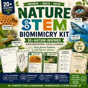 May include: A Nature STEM Biomimicry Kit featuring 20+ challenge cards, an observation log, field sketching sheets, a vocabulary poster, and a certificate of completion. The box cover displays images of a honeycomb, bird nest, shark, and gecko foot.