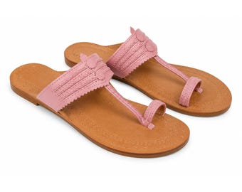 Handmade Pink Leather Kolhapuri Flats, Braided Toe Loop Sandals, Artisan Indian Footwear