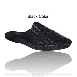 May include: A black slip-on shoe featuring a woven upper design and a braided texture along the sole edge. The shoe has a pointed toe and a flat heel. The text Black Color is displayed above the shoe, which is shown against a white background.