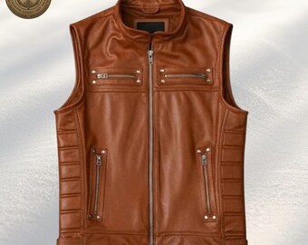Gilet da motociclista da uomo in vera pelle marrone, fatto a mano – Gilet da motociclista personalizzato con cerniera e lati imbottiti – Regalo personalizzato per motociclisti